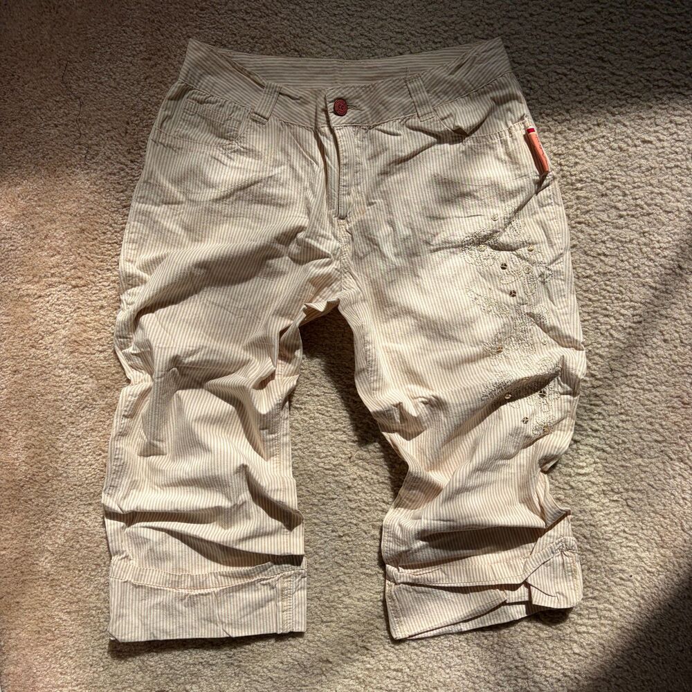 y2k striped capri embroidered cuffed hem